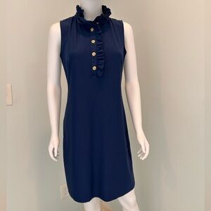 Katherine Way5 Gold Button Ruffled Mock Neck Sleeveless Navy Dress
